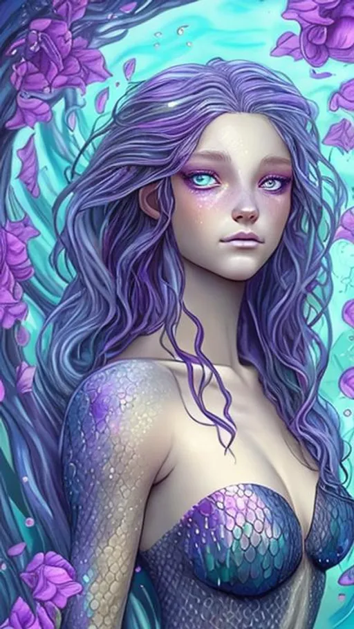 Prompt: A woman, in en fantasy/realistic 
style. She is a mermaid. As for that she is under water. She has red eyes, that you see at first. She has wavy blond hair that is freely moving. On her hair are a lot of flowers and a seacrown. Her caudal fin is in the colors blue and purple. Its shimmering in the light As for her top it is an light top, without carrier. She has a seashell in her hand. In the background should be a underwater castle. She looks at you with hesitation 