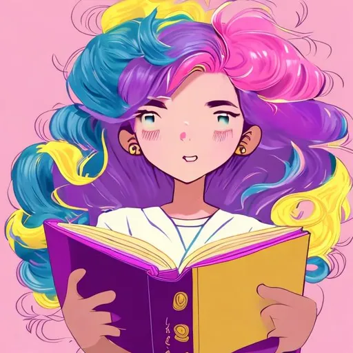 Prompt: anime illustration with a girl with hair colors pink, purple, and yellow reading a pink book