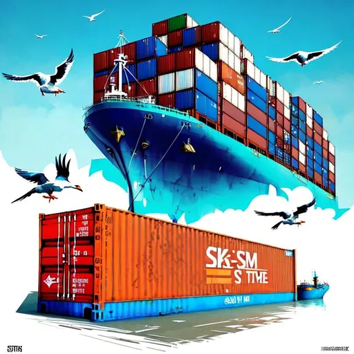 Prompt: An isometric view of two 40ft standard shipping containers being loaded onto a cargo ship at a port, with seagulls flying around them and crates scattered around the dockside area. Art Style Note: This image should be rendered in an anime-inspired art style, with muted colors and detailed textures throughout. 