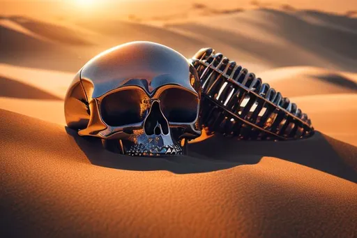 Prompt: The skeleton of a giant laying in the dunes, jewelry shinning on his fingers, grinning skull, detailed, volumetric lighting, warm color, award winning, photography
