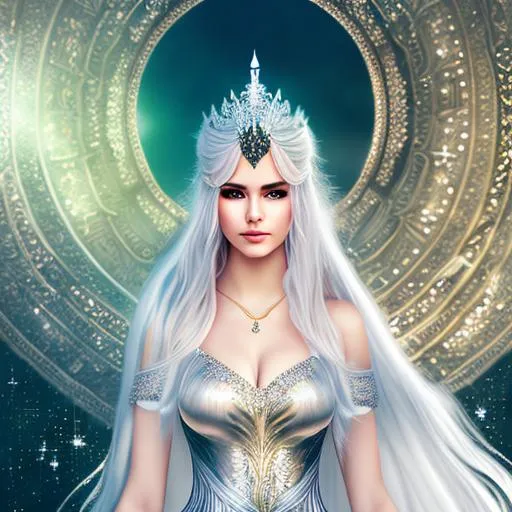 Prompt: Fantasy style, a hyper realistic detailed portrait, perfect composition, 4k, beautiful young princess, covered in nightly glow, silver armour over white coloured sheer gown, body facing forward, long white hair, orange eyes. celestial stary night sky backdrop