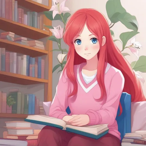 Prompt: a cartoon girl with long red hair with white lily in hair and blue eyes wearing a pink shirt and a pink sweater with a book in her hand, Dan Content, sakimi chan, an anime drawing, computer art