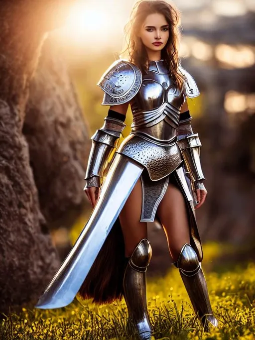 Prompt: hyper-detailed close-up portrait of a beauty girl, symetricaly face, wavy hair, slim body, bigboobs, wearing a mini-skirt made of knight's armor and a crop-top armor, photorealistic, perfect composition, best angle, studio volumetric light, Person, Symmetric body, Correct anatomy, Realistic proportions, Natural pose, Normal facial features, Human skin tones, High-quality details, Balanced lighting, The image should be lit using volumetric lighting, studio lighting, and dynamic lighting, giving it a dramatic and cinematic look. The image should be created in UHD, HDR, and 64K resolution, resulting in a masterpiece of professional character design and artwork.


