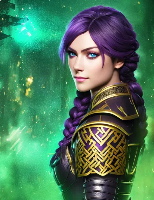 Prompt: she has dark purple hair, black gear, gold armor, create most beautiful fictional female viking warrior, dark purple hair, light blue eyes, subtle smile, one braid, extremely detailed environment, detailed background, intricate, detailed skin, professionally color graded, photorealism, 8k, moody lighting