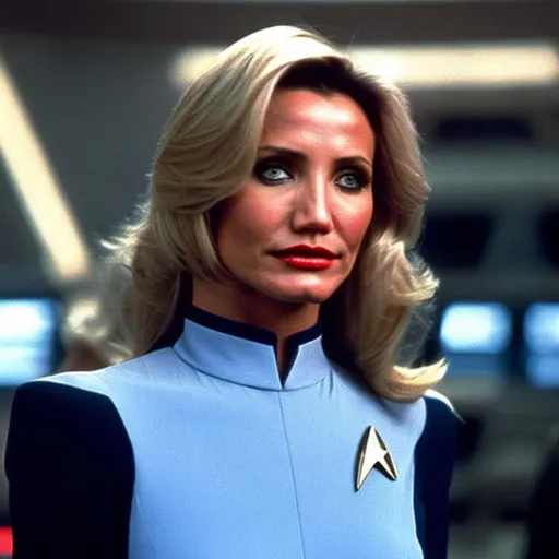 Prompt: Cameron Diaz in a Starfleet uniform. {Star Trek: The Next Generation}