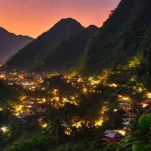 Prompt: Dusk over a tropical mountain valley village in oil