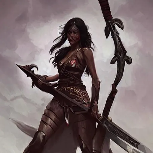 Prompt: a warrior queen holding a sword covered in blood with dark skin, with black hair
art by artgerm and felix englund and greg rutkowski