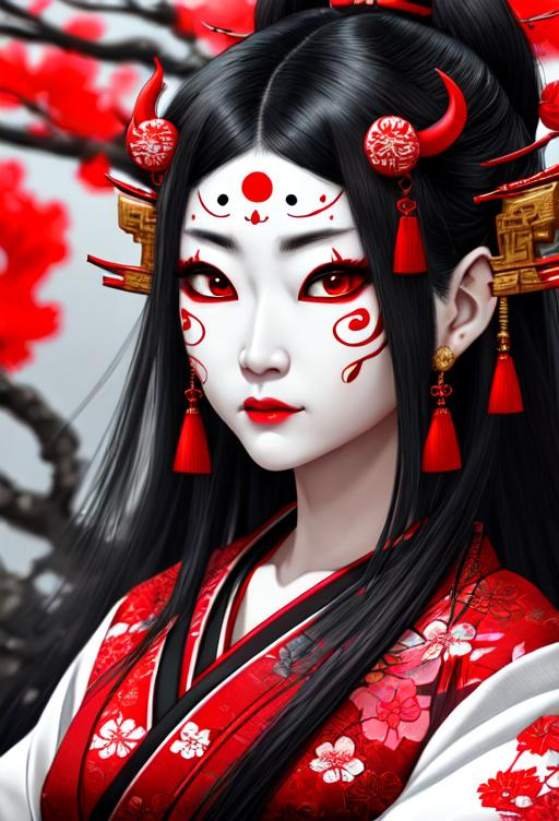 Gorgeous women as a transculent Japanese oni, detail...