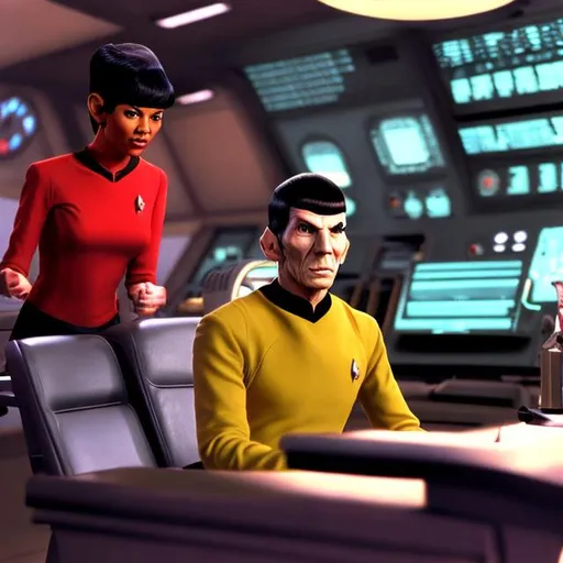 Prompt: Mister Spock sitting in the command chair with Uhura at her station behind him 