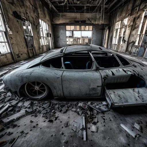 Prompt: modern day car in abandoned factory with trunk open up