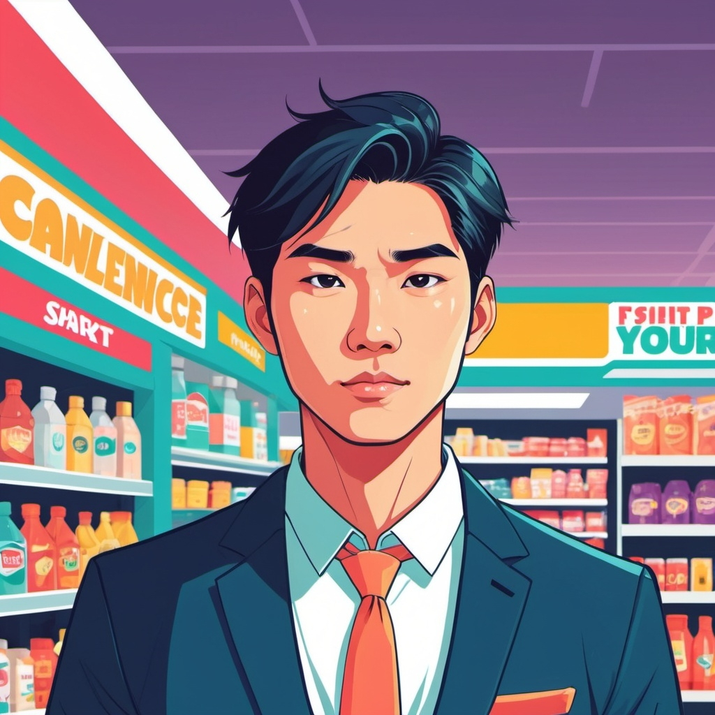 2d flat art, a handsome asian man in a suit, vector...