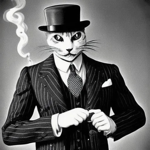 Prompt: B&W Vintage, Menacing looking cat smoking a cigar, pin striped suit, villain, 1920s gangster cartoon