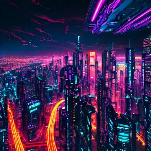 Prompt: Cyber punk Neon City at night long shot Neon  professional photograph of {scenery}, perfect viewpoint, highly detailed, wide-angle lens, hyper realistic, with dramatic sky, polarizing filter, natural lighting, vivid colors, everything in sharp focus, HDR, UHD, 64K