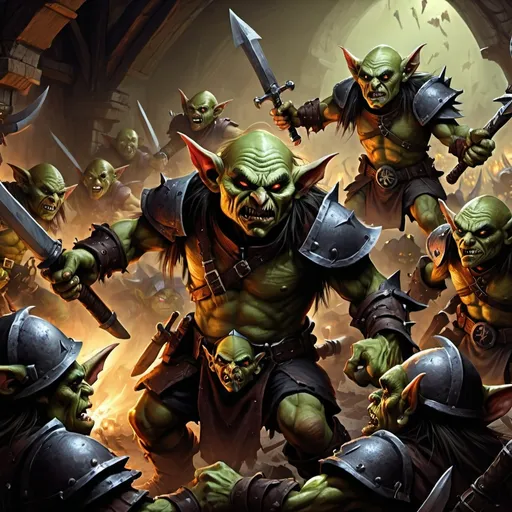 Prompt: Warhammer fantasy RPG illustration of goblin pack battling, gritty and detailed, dark fantasy, chaotic battle scene, menacing goblin faces, intense action, dynamic composition, realistic textures, dramatic lighting, high quality, detailed, dark fantasy, dynamic composition, chaotic battle scene, menacing goblins, realistic textures, dramatic lighting