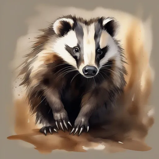 Prompt: Badger Ruff Echalette, dark brown and light brown molted fur with a tan mane that stretches from head to tail and pointy sharp legs, this creature is fierce and irritable, Masterpiece, Best Quality, in watercolor painting art style