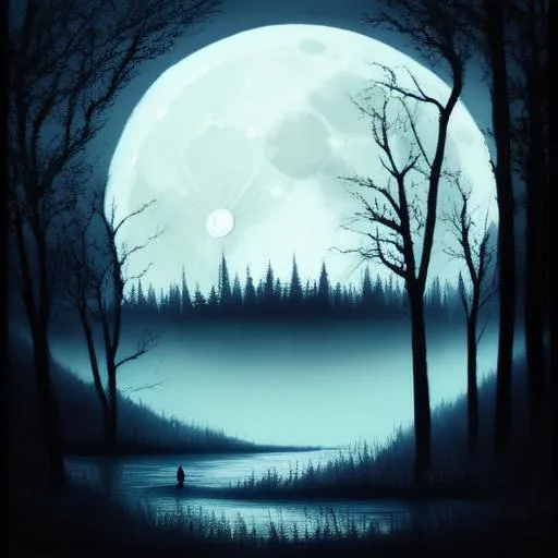 Prompt: Beautiful Landscape, Acrylic paint, Moon in Background, Full moon, 4k, HD, HQ, whisps, dark ambient, creepy shadows, dark forest