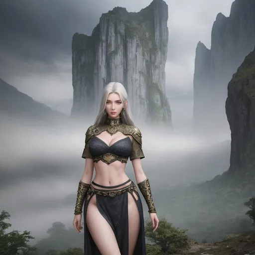 Prompt: Realistic lush ancient landscape, heavy mist, standing at the top of a mountain, with an inter dimensional portal opening in background, 

Depicting a closeup of an exquisite, exotic, gorgeous, slender, ultra realistic young adult woman, wearing a heavy iron collar, gorgeous perfectly detailed facial features, long legs, elegant sumptuous perfect body, ultra pale, visible midriff, 20 year old powerful super heroine,

Perfect contouring, hyper detailed, intricate detail, finite detail, fantasy concept art, 64k resolution, deviantart masterpiece. UHD, Perfectly 3D Rendered