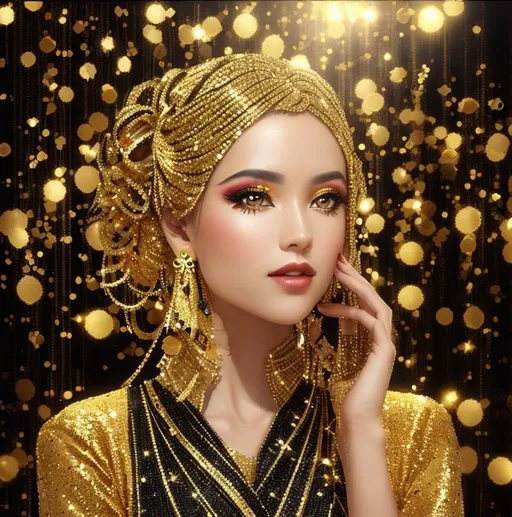 Prompt: A%20woman%20in%20a%20gold%20dress%20posing%20for%20a%20photo.%20Gold%20and%20black%20makeup%20with%20a%20shiny%20gold%20glitter%20explosion%20background.%20Professional,%20glamorous%20makeup%20with%20delicate%20skin.%20Formal%20portrait%20pose%20with%20stylish%20makeup.%20The%20makeup%20is%20award-winning%20and%20tailored%20for%20the%20camera.%20Beautiful%20portrait%20lighting.)