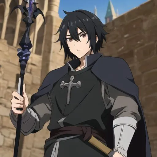 Prompt: Medieval black haired anime boy with staff 