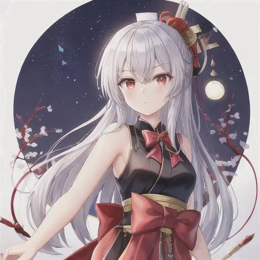 Prompt: Bow and arrows, human, Taishō era, beautiful haori, Japanese styled outfit, silver hair, red eyes, Artemis, moon and stars 