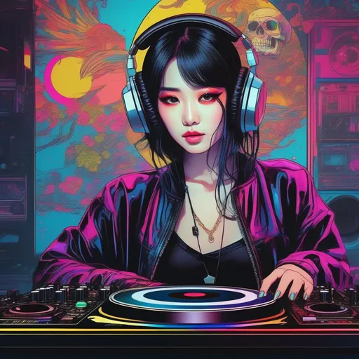 Prompt: korean girl doing dj, goth popart skull makeup, a cinematic photography of calavera asian, cyberpunk, in the background bedroom, artstation, precise lineart, vibrant, Conrad Roset, 8k resolution, hypermaximalist, intricate, highly detailed, concept art, realistic, colorful, vintage show promotional poster