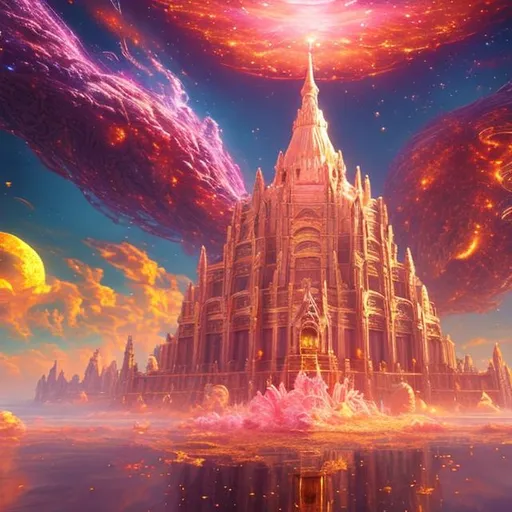 Prompt: A breath taking view of The temple of the spirit realm floating in the sunny sky surrounded by pink and gold cosmic space dust fantasy 100k realistic beautiful dream