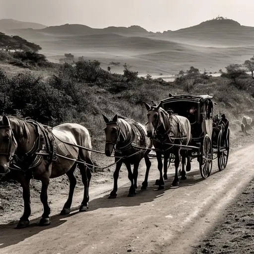 Prompt: A Carriage pulled by horses on a dirty road, that is being driven to a Kingdom that is in the distance. 