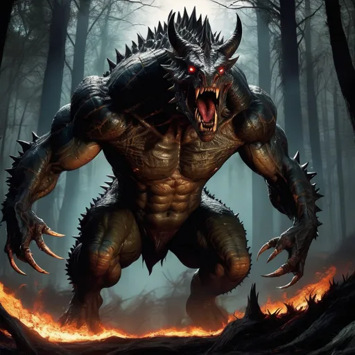 Prompt: Muscular monster with bony carapace, spiked spine, long thick tail like a crocodile, marvel character abomination, sharp teeth, two long horns, glowing eyes, human facial features, spiked elbows, in the woods with fire, highres, ultra-detailed, horror, dark tones, menacing lighting