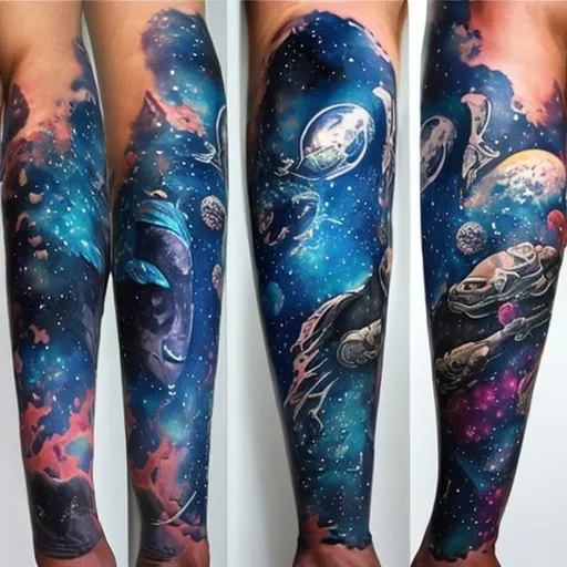 Prompt: oceanic space themed full sleeve arm tattoos