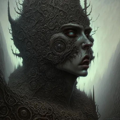 Prompt: Beyond the Void by Zdzisław Beksiński, beautiful d&d character portrait, dark fantasy, detailed, realistic face, digital portrait, intricate armor, fiverr dnd character, wlop, stanley artgerm lau, ilya kuvshinov, artstation, hd, octane render, hyperrealism