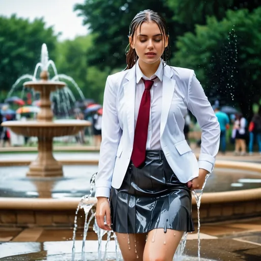 Prompt: photo of young woman, soaking wet clothes, High heels, white socks, Skirt, Blazer, white blouse, tie,  , Standing in the fountain in the park,   enjoying, water dripping from clothes, clothes stuck to body,  detailed textures of the wet fabric, wet face, wet plastered hair,  wet, drenched, professional, high-quality details, full body view.