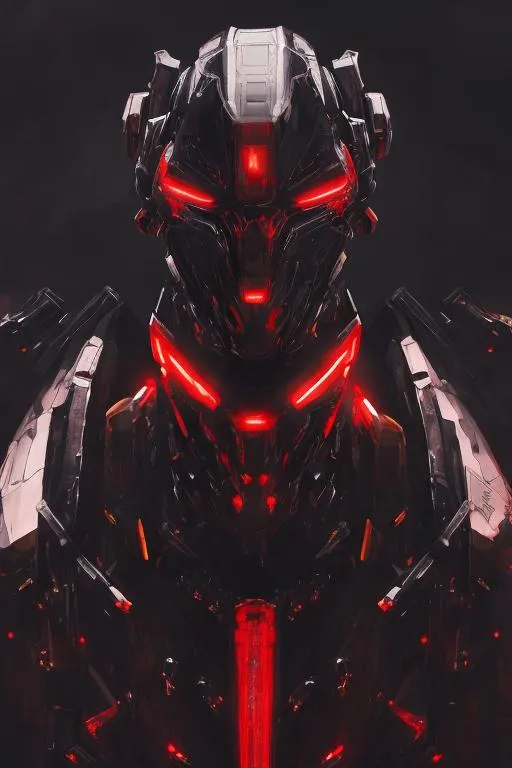 Prompt: A very detailed portrait of a black mecha that has prominent red lighting and gives off an ominous vibe