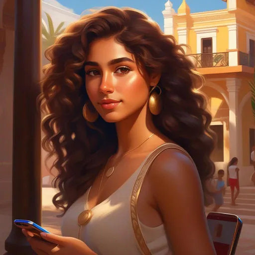 Prompt: Third person, gameplay, Puerto Rican girl, tan skin, curly brown hair, brown eyes, 2020s, smartphone, San Juan, golden atmosphere, cartoony style, extremely detailed painting by Greg Rutkowski and by Henry Justice Ford and by Steve Henderson 