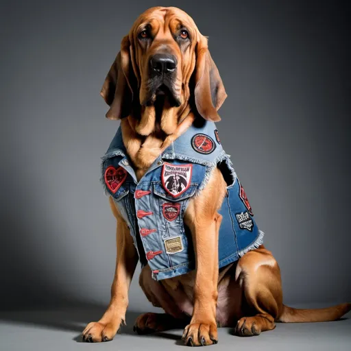 Prompt: Bloodhound wearing a heavy metal music denim vest with patches