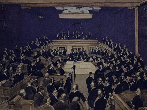 Prompt: Parliamentarians are panicking inside the legislative council's chambers, 19th century line drawing