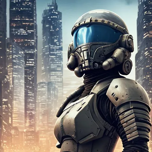 Prompt: Sci fi. combat. Armoured. human female pilot wearing a full helmet. Full body portrait. Cityscape background. Standing portrait. Can see whole body 