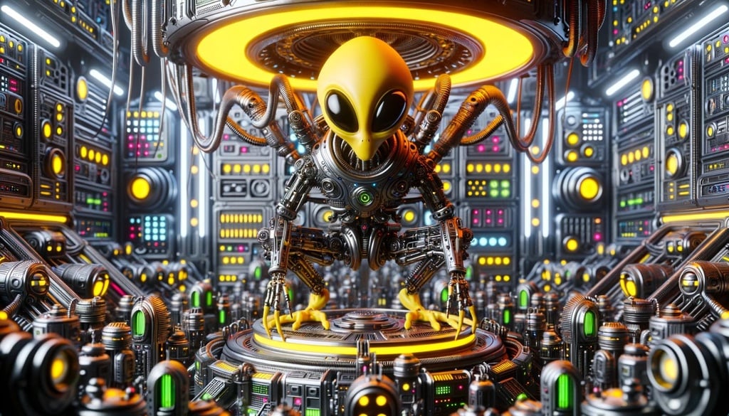 Prompt: 3D render of a yellow and black alien in a steelpunk environment with cyberpunk elements, focusing on intricate machine parts and neon lights.