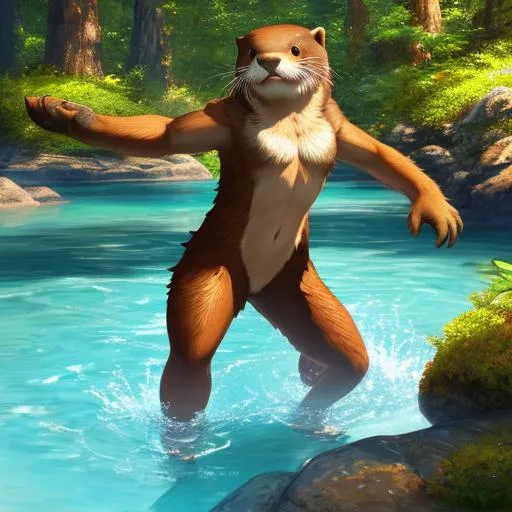 Prompt: Full-body detailed masterpiece, fantasy, high-res, quality upscaled image, perfect composition, subject of this image is a bipedal female otter, brown fur, athletic body, 18k composition, 16k, 2D image, cell shaded, otter, athletic torso, forest background, female chest; using renamon as the body,  otter face features