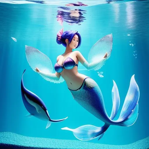 Prompt: The beautiful Japanese mermaid glides effortlessly through the crystal-clear waters of a gigantic fish tank, her shimmering fish tail trailing behind her in a mesmerizing display of colors. Her stunning body is adorned with scales that reflect the light, adding to her ethereal beauty. The tank is a world of its own, brimming with life.

Miniature whales gracefully swim alongside the mermaid, their majestic forms contrasting against the delicate coral reef that teems with an array of fish in all shapes and sizes. The sunken ship rests at the bottom of the tank, covered in moss and corals, creating a mysterious and captivating focal point.

The tank is not still, but rather filled with gentle waves that mimic the natural movement of the ocean. The water rises and falls, creating a dynamic and realistic environment for the mermaid and her underwater companions. Above the tank, a miniature Hawaiian island rises from the water, with lush greenery, swaying palm trees, and sandy beaches that add a touch of tropical paradise to the scene.

Fluffy clouds float within the tank, casting soft shadows on the mermaid and the underwater world below, adding to the sense of depth and magic. The entire scene is a stunning blend of traditional and digital art techniques, with intricate details of the mermaid's features, the marine life, the sunken ship, and the lush island rendered with meticulous attention to detail.

The artwork captures the beauty and allure of the ocean, with the gorgeous Japanese mermaid as the enchanting centerpiece. Her graceful presence, the vibrant marine life, and the realistic waves and clouds bring the scene to life, creating an awe-inspiring and captivating piece of art that transports the viewer to a magical underwater realm.