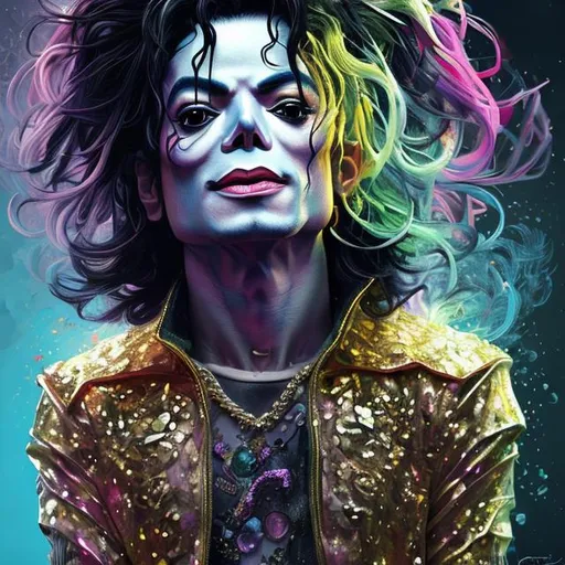 Prompt: "hyperdetailed portrait of Michael Jackson as delirium of the endless, colourful make up, the sandman, made by caravaggio stanley artgerm lau wlop rossdraws artstation cgsociety concept art cgsociety octane render"