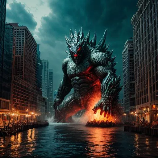 Prompt: giant monster, water, destroy city