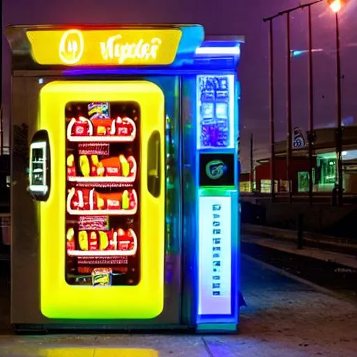 Prompt: Cyberpunk style, vending machine, neon art, futuristic, city