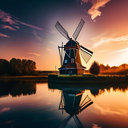 Prompt: Insanely detailed soft Watercolour painting of vintage windmill, reflection in river water, summer Sunset over river, medow, golden hour, warm lighting, intricate complexity :: :: photoreal :: 8k :: octane render