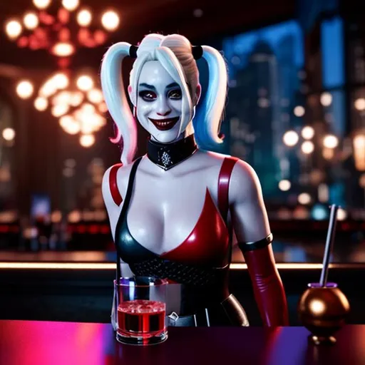 Prompt: Harley Quinn enjoying a martini at a fancy bar, landscape, hyper realistic, unreal engine, dramatic