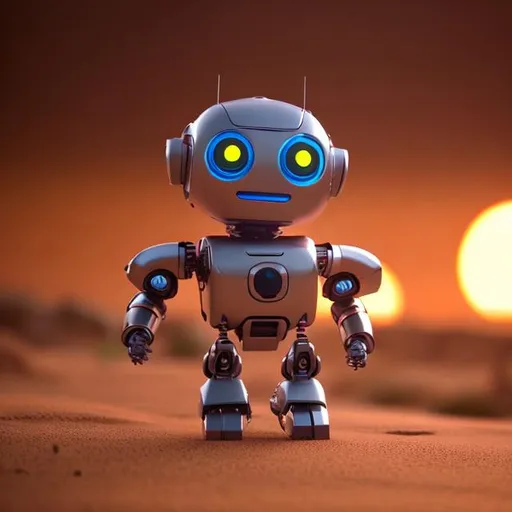 Prompt: happy and adorable robot, 4k quality, minimalist style, advanced rendering methods, sunset colours