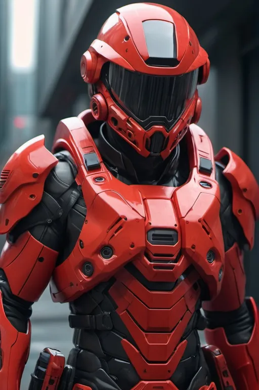 Prompt: hyperrealistic art Futuristic soldier with advanced armor, weaponry, and helmet, neon red, street, overcast, reflection mapping, intricate design and details, dramatic lighting, hyperrealism, photorealistic, cinematic, 8k, unreal engine. extremely high-resolution details, photographic, realism pushed to extreme, fine texture, incredibly lifelike