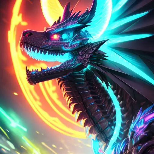 Portrait of a roaring neon skeleton dragon with irid... | OpenArt