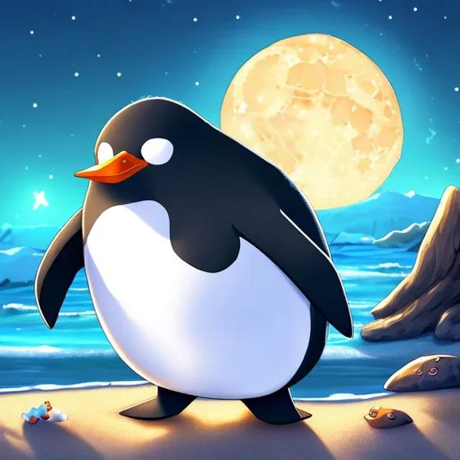 Prompt: Anime draw of a Penguin under the moon on the beach 3d portrait 4k