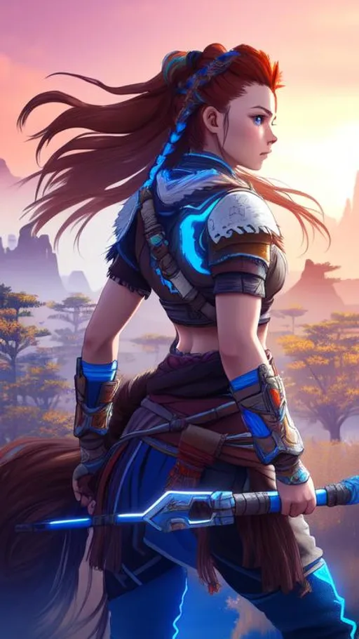 Prompt: Aloy from Horizon Zero Dawn standing, 64k, best version, HDR, full-body portrait, highly detailed, professionally illustrated, 150mm