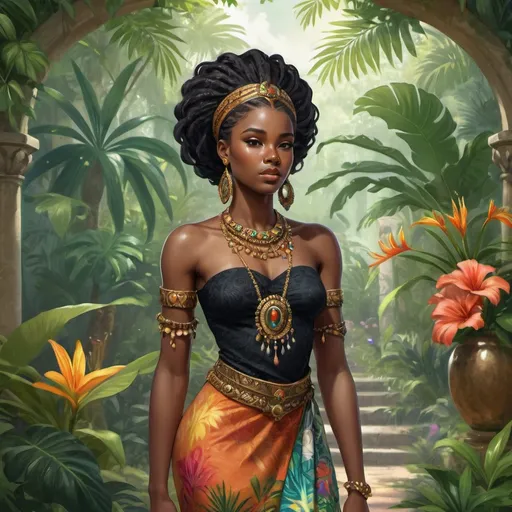 Prompt: Full body, Fantasy illustration of a black female noble woman, 21 years old, beautiful, black skin, elegant hairstyle, colorfull and elegant african-style garment, delicate jewellery, shamefull expression, high quality, rpg-fantasy, detailed, in a tropical garden